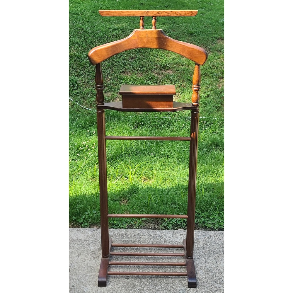 Vintage Mens Wood Valet Stand Suit Rack with Jewelry Box and Shoe Rack Brown